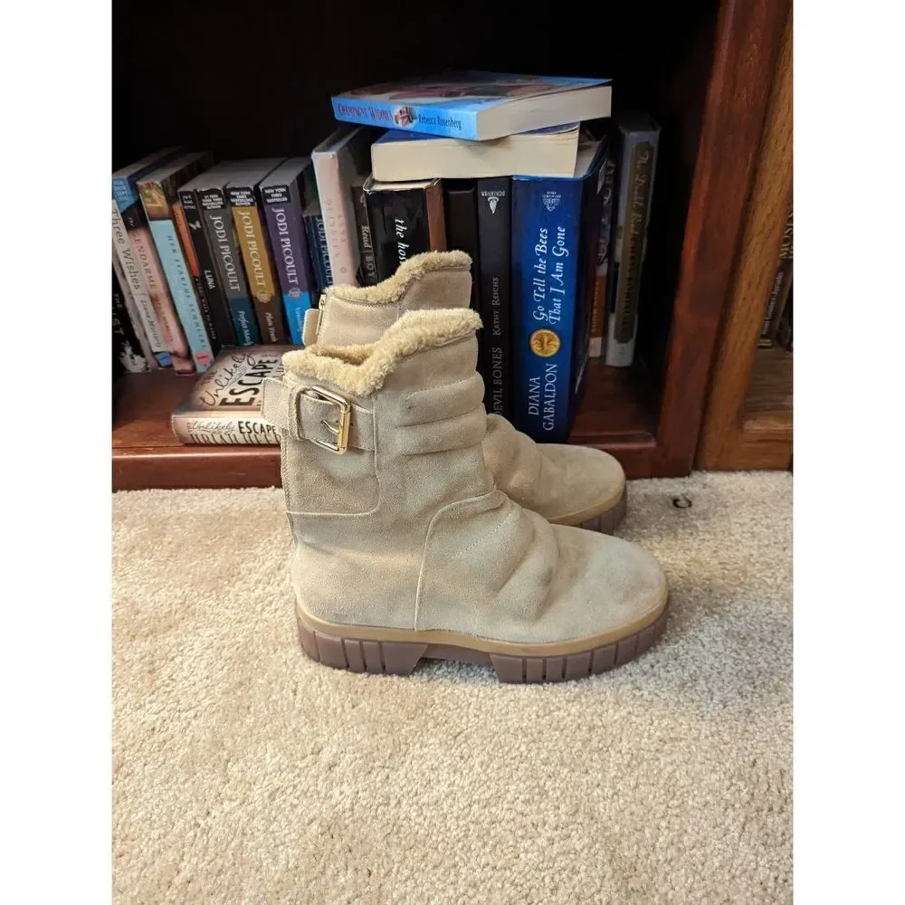 free people fable faux fur shearling suede boots sz 39 euc tan